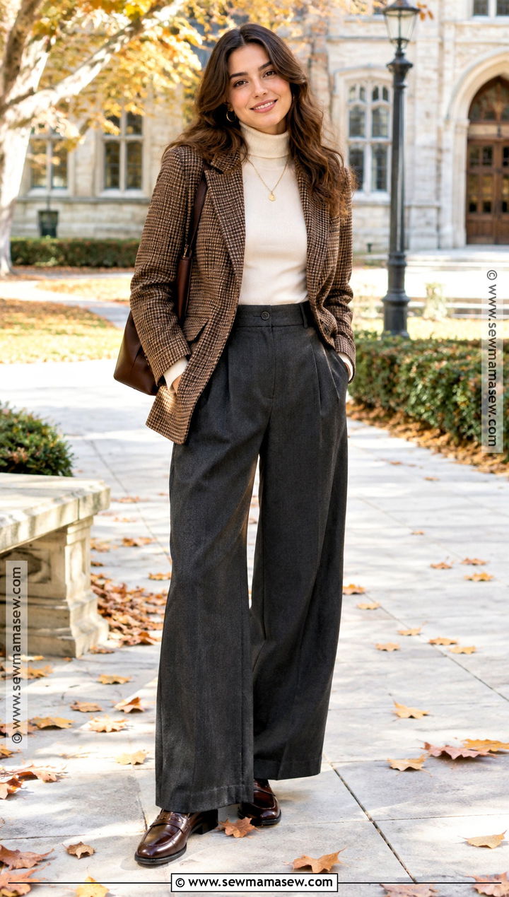 Plaid Blazer And Wide Leg Trousers Fall Outfit - 20 Aesthetic Fall Outfit Ideas