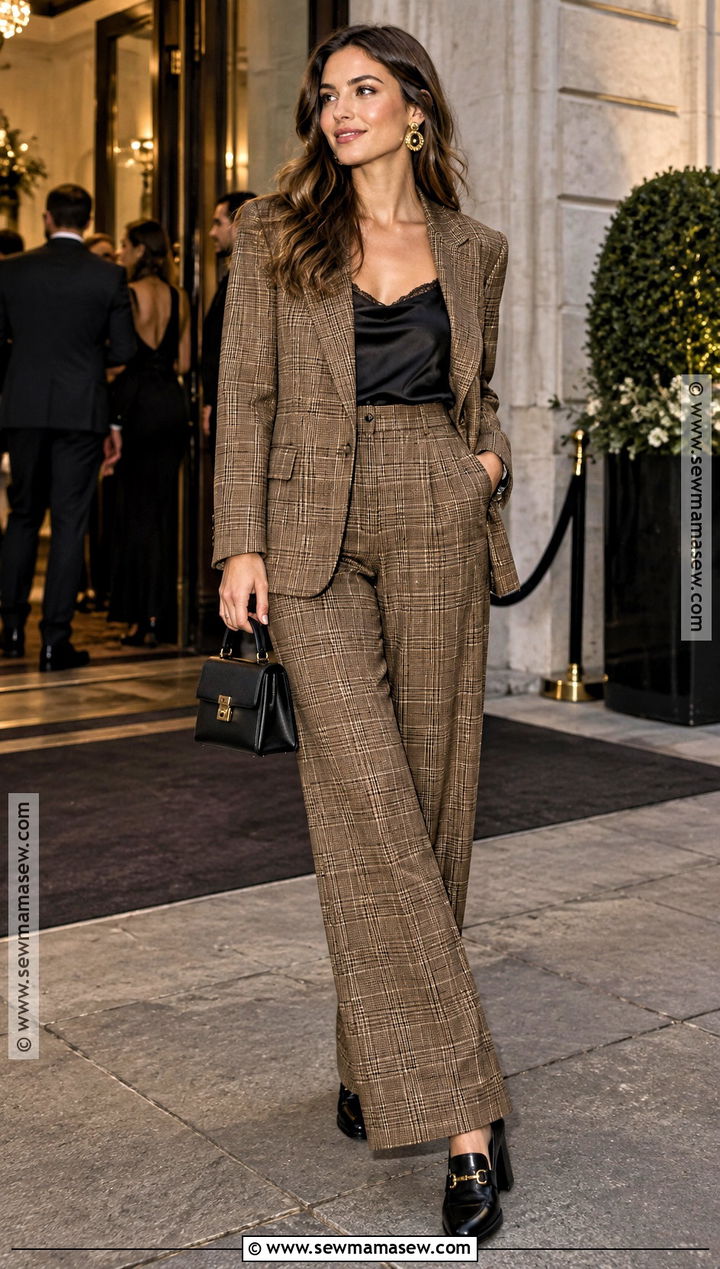 Plaid Blazer And Wide Leg Trousers Fall Party Outfit - 20 fall party outfits
