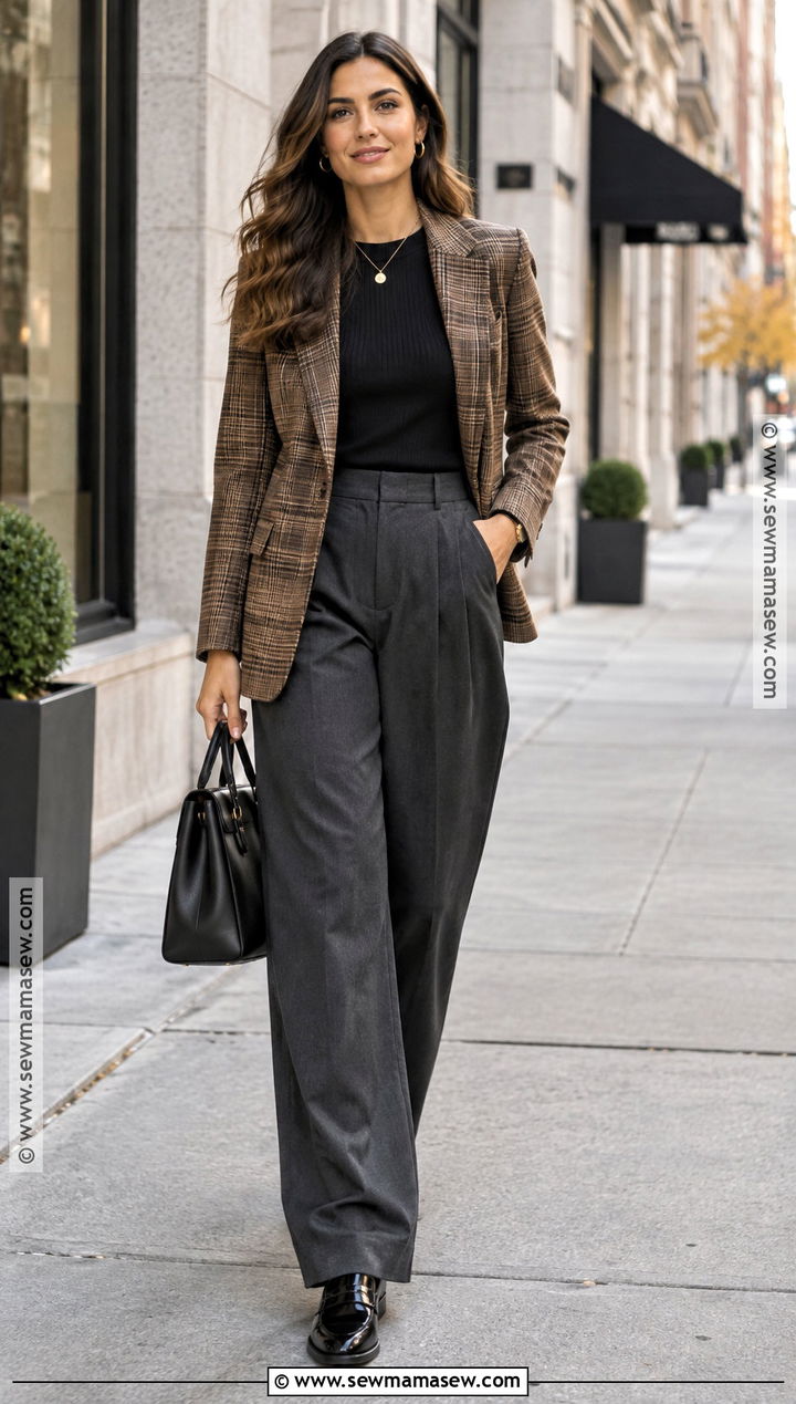 Plaid Blazer And Wide Leg Trousers Outfit - 20 Fall Fashion Ideas