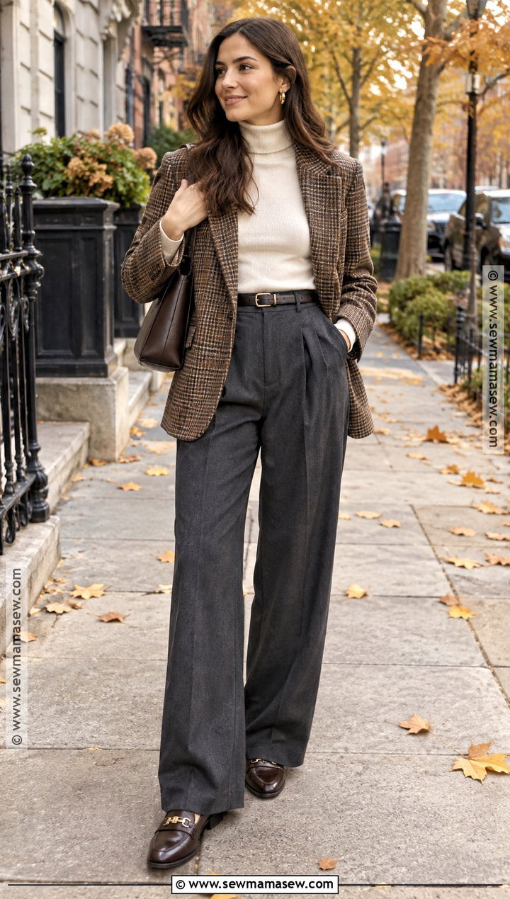 Plaid Blazer And Wide Leg Trousers Outfit - 15 Autumn Winter Fashion Collection Ideas