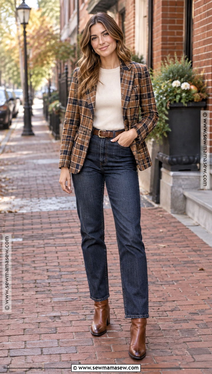 Plaid Blazer Engagement Photo Outfit With Straight Jeans - 15 engament photo outfits fall