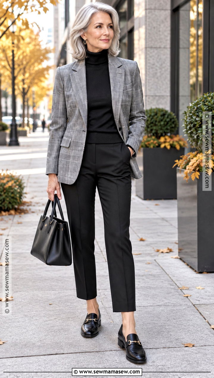 Plaid Blazer Fall Outfit With Black Trousers - 20 Sophisticated Fall Outfits