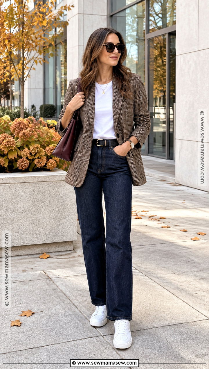 Plaid Blazer Fall Outfit With Dark Jeans - 15 fall outfit collage with accessories