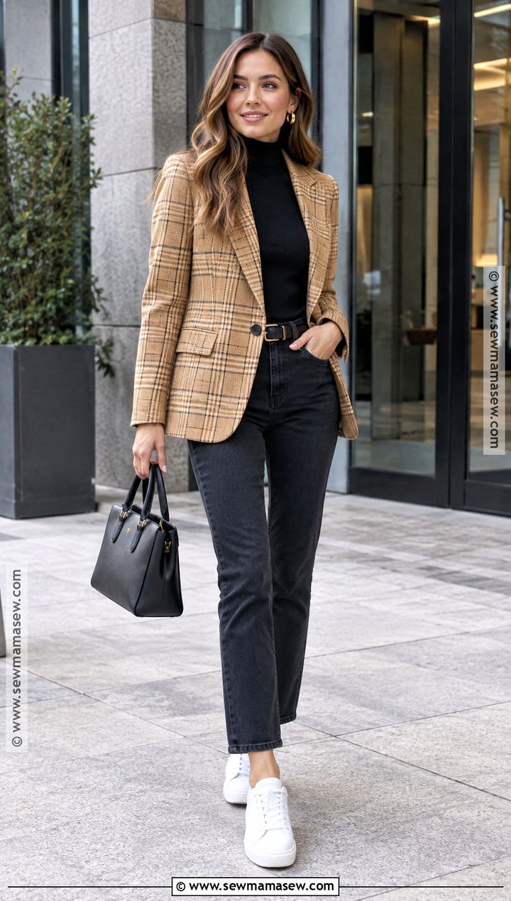 Plaid Blazer Fall Outfit With Leather Sneakers - 20 Fall Outfit With Sneakers