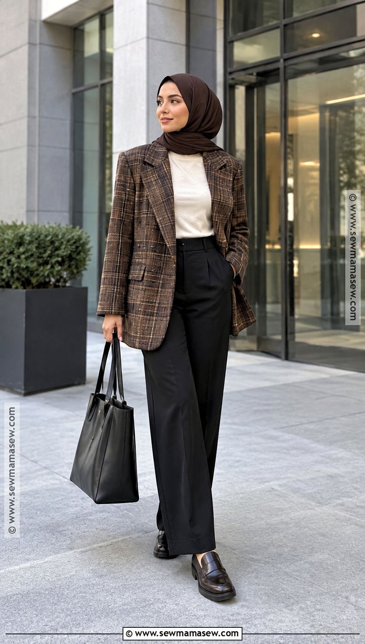 Plaid Blazer Hijabi Outfit With Black Trousers - 25 fall hijabi outfits