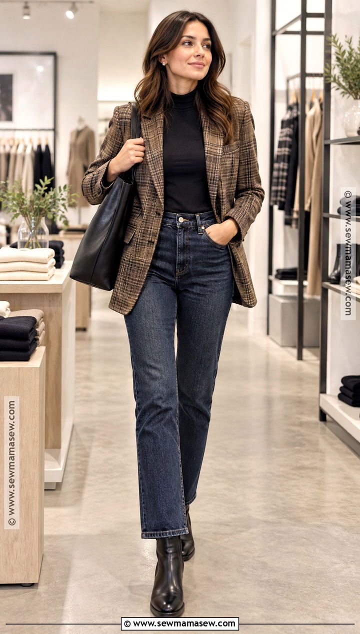Plaid Blazer Mock Neck Top And Dark Jeans Retail Work Outfit - 15 Fall Outfits For Retail Work