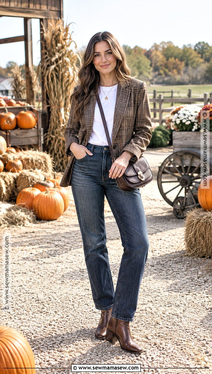 Plaid Blazer Pumpkin Patch Outfit With Dark Jeans - 25 pumpkin patch outfit ideas for women