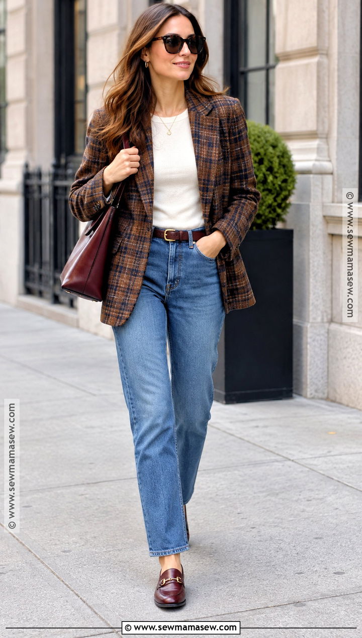 Plaid Blazer T Shirt and Jeans Fall Outfit - 15 Put Together Fall Outfits