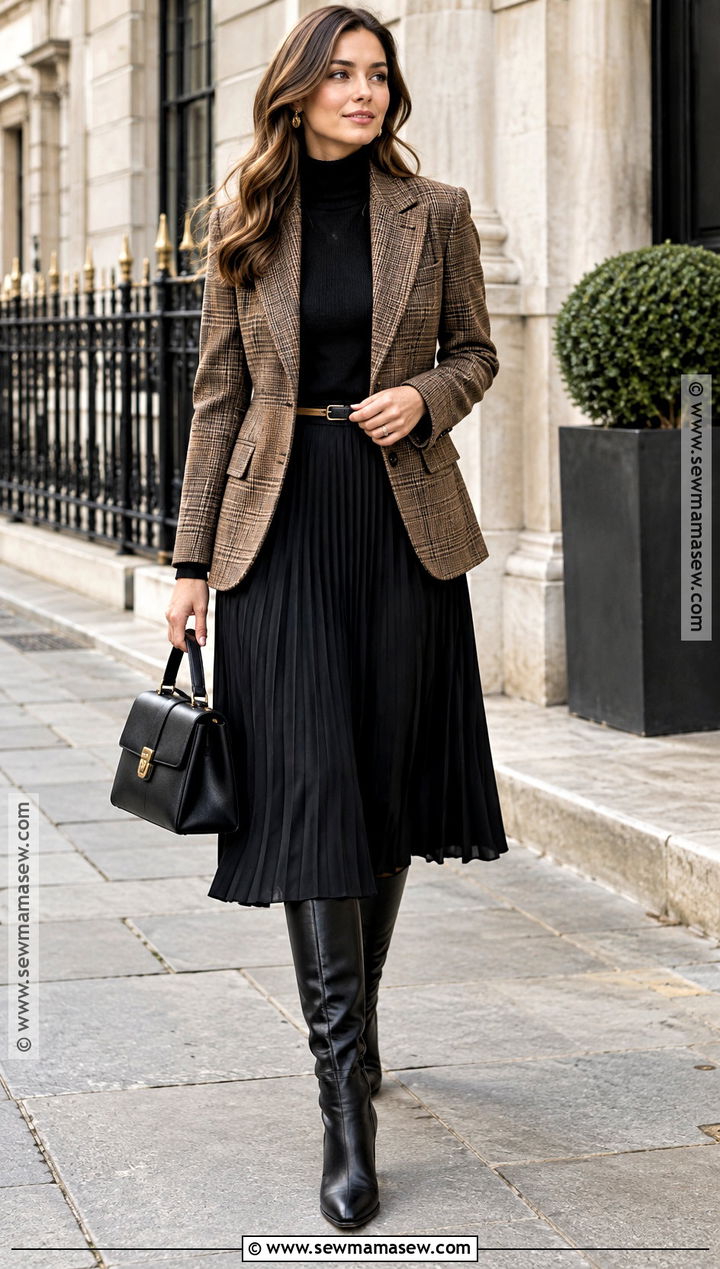 Plaid Blazer With Black Knit And Midi Skirt - 20 Old Money Outfits For Fall