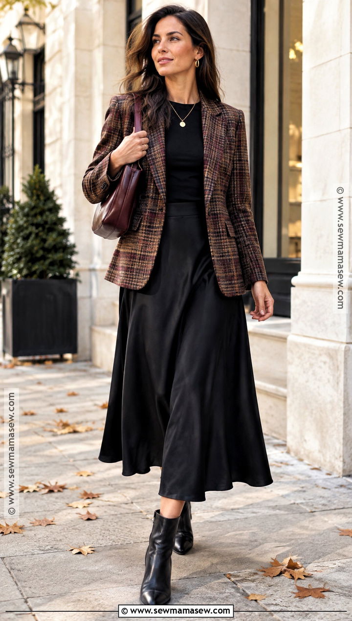 Plaid Blazer With Black Top And Midi Skirt - 15 Women Over 25 Fall Outfits