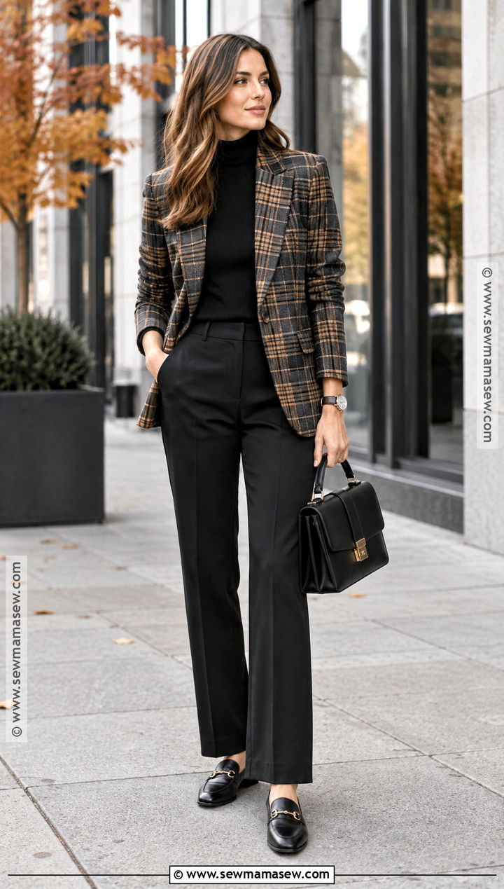 Plaid Blazer With Black Trousers - 20 formal autumn outfit ideas