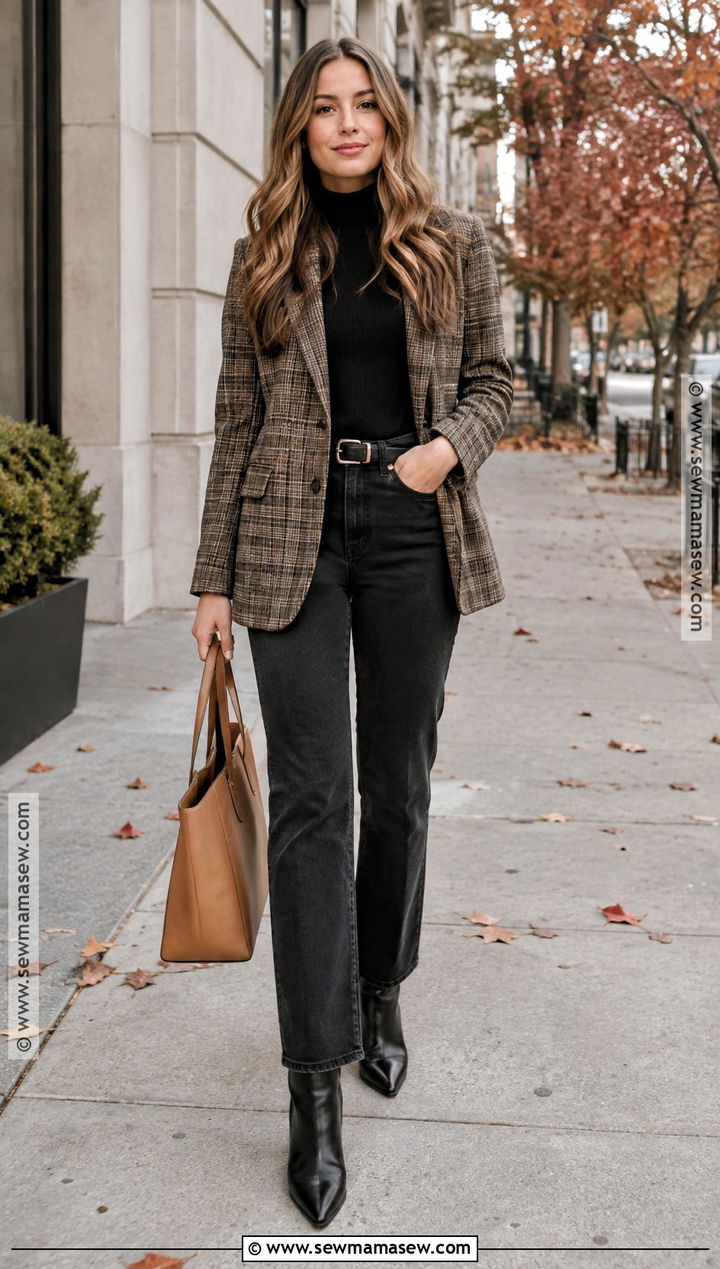 Plaid Blazer With Black Turtleneck And Jeans - 15 blazer fall ideas 2026
