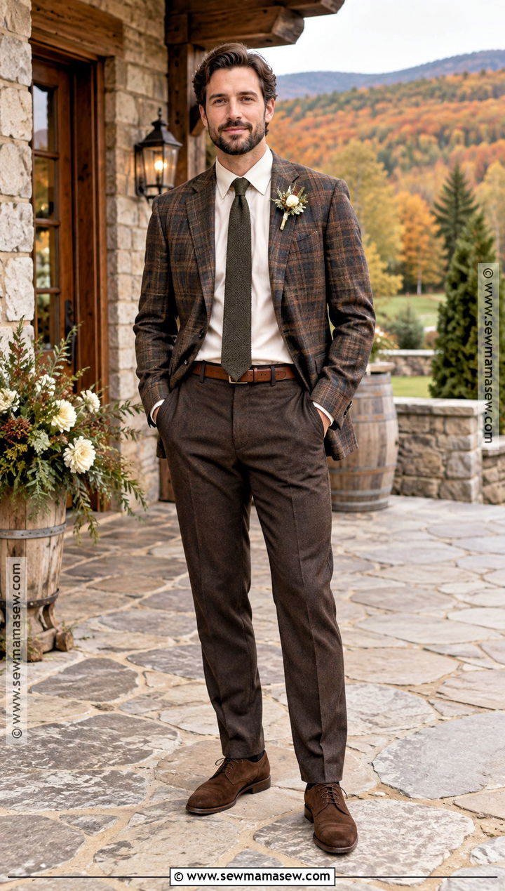 Plaid Blazer With Brown Wool Trousers - 15 casual fall wedding groom attire ideas