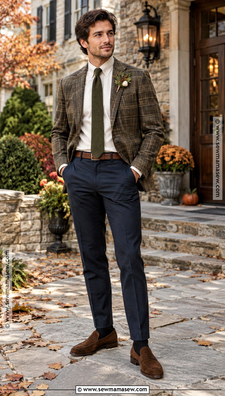 Plaid Blazer With Dark Chinos - 15 fall casual groom attire ideas