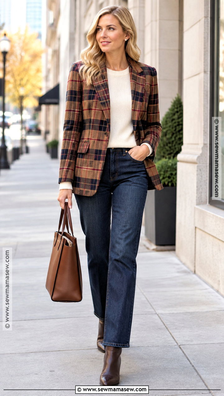 Plaid Blazer With Dark Denim - 20 fall outfits blonde hair