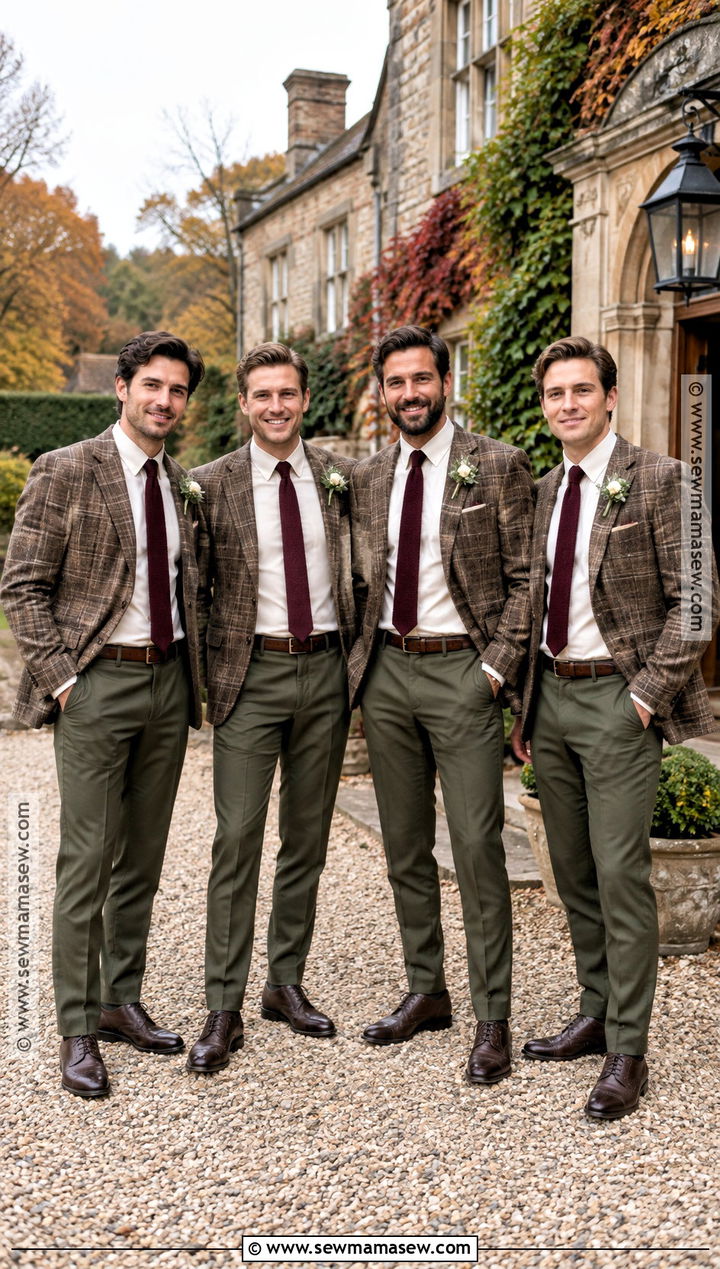 Plaid Blazer With Olive Trousers And Knit Tie - 15 fall boho groomsmen attire ideas
