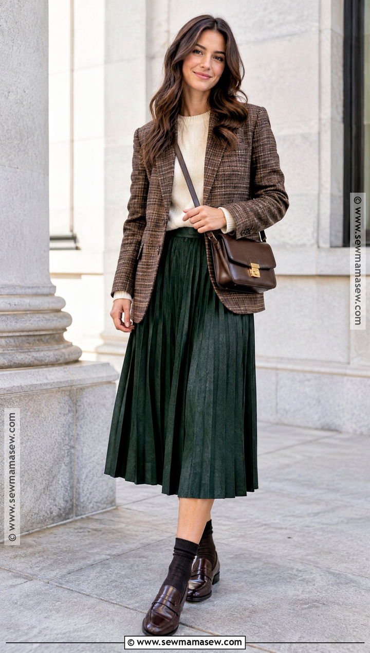 Plaid Blazer With Pleated Midi Skirt - 15 fall style inspo ideas 2026