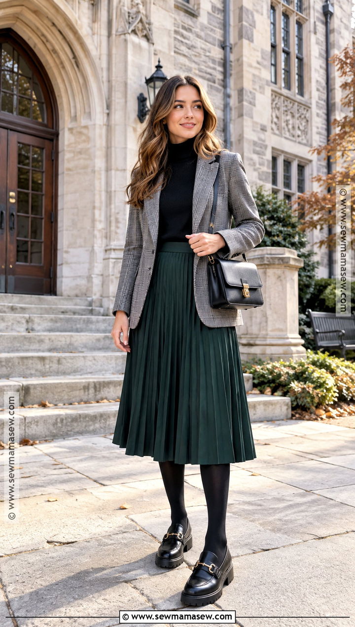 Plaid Blazer With Pleated Midi Skirt And Loafers - 15 Fall Winter 2026 Outfit Ideas