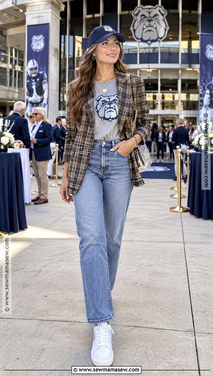 Plaid Blazer With Team Tee And Jeans - 20 football game outfit fall ideas