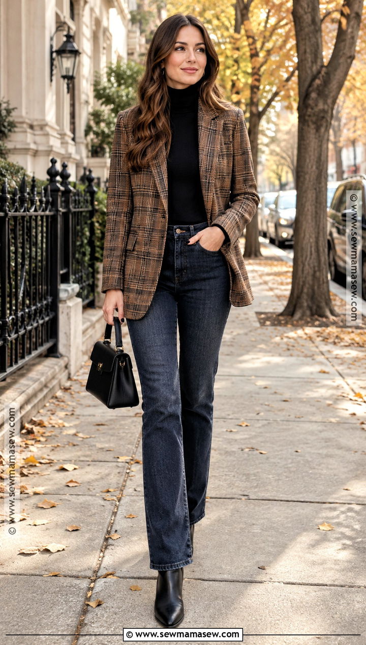 Plaid Blazer With Turtleneck And Jeans - 20 blazer fall outfits