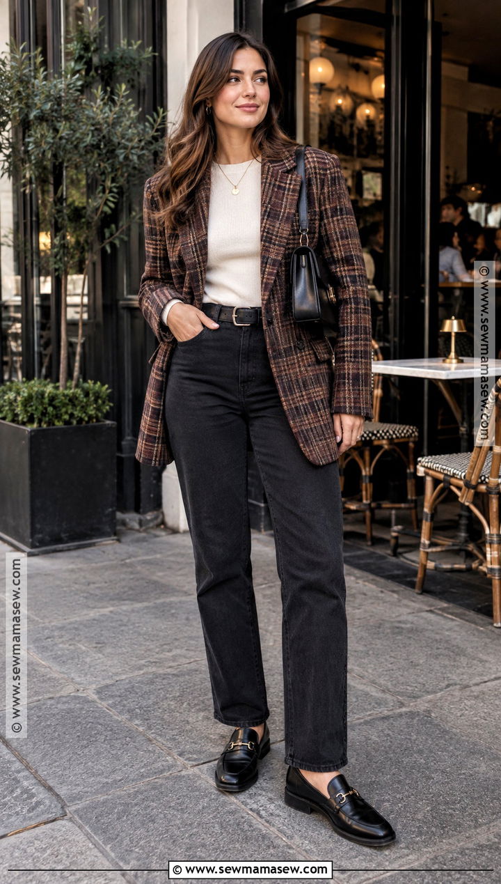 Plaid Blazer and Black Jeans Fall Brunch Outfit - 20 Sunday Brunch Outfit Fall Ideas