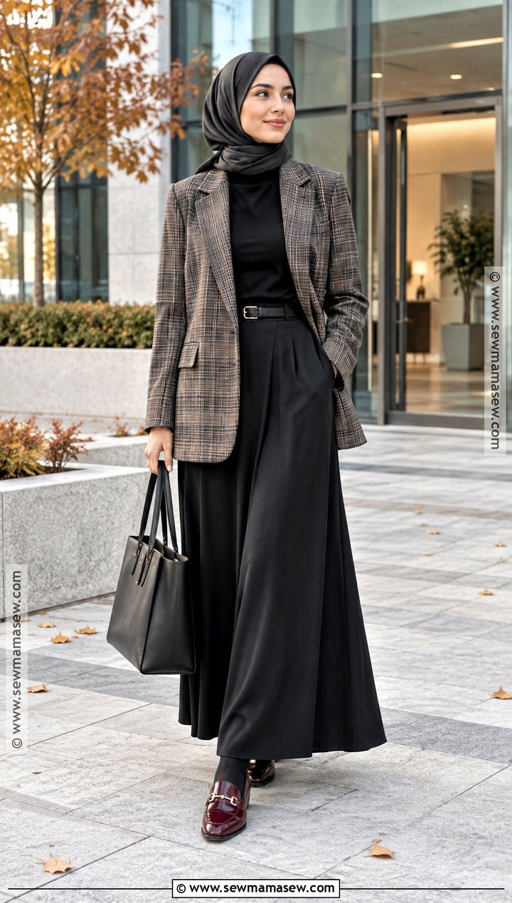 Plaid Blazer and Black Maxi Skirt Hijab Outfit - 25 fall hijab outfits