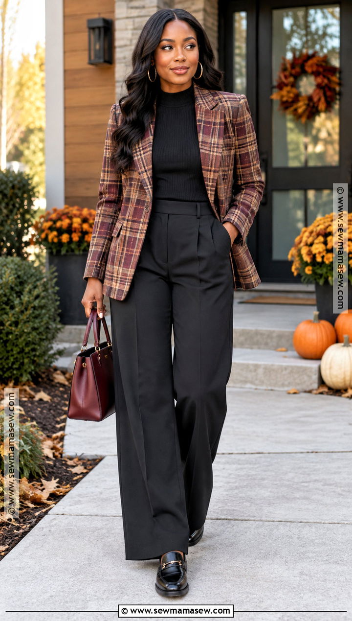 Plaid Blazer and Black Trousers Thanksgiving Outfit - 20 Black Thanksgiving Outfits