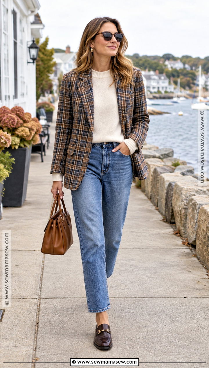 Plaid Blazer and Blue Jeans Coastal Fall Outfit - 25 Coastal Fall Outfits
