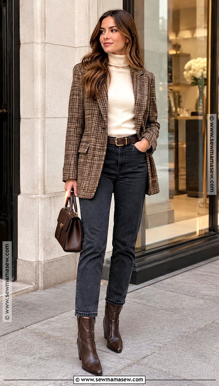 Plaid Blazer and Cowboy Boots - 20 fall outfits with cowboy boots