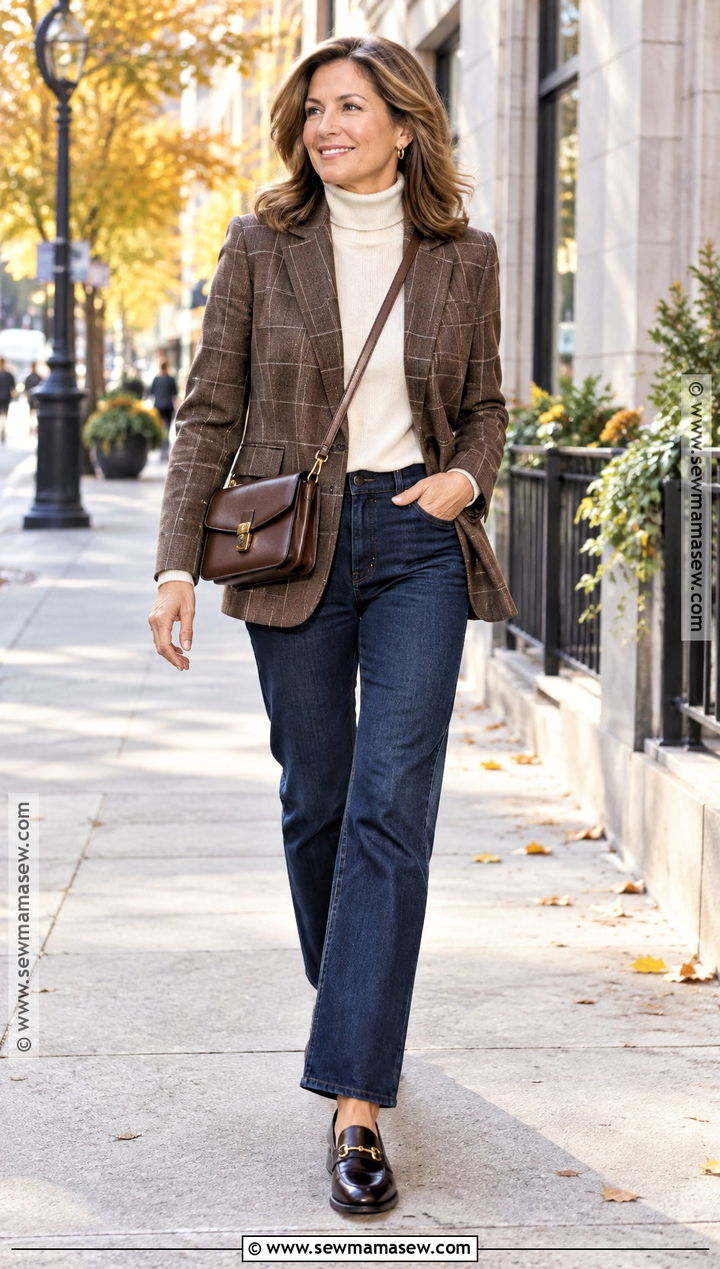 Plaid Blazer and Dark Jeans Fall Outfit - 25 fall outfits chic