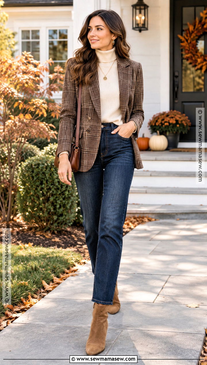 Plaid Blazer and Dark Jeans Outfit - 25 chic thanksgiving outfit ideas
