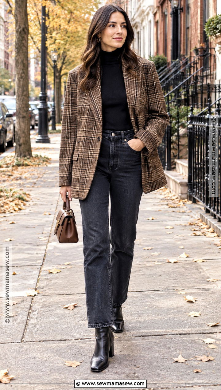 Plaid Blazer and Dark Jeans Outfit - 25 winter autumn outfits