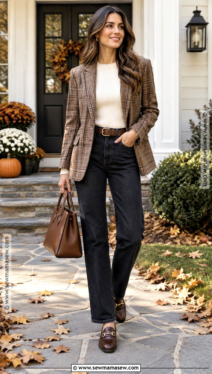 Plaid Blazer and Dark Jeans Thanksgiving Outfit - 25 fall thanksgiving outfits