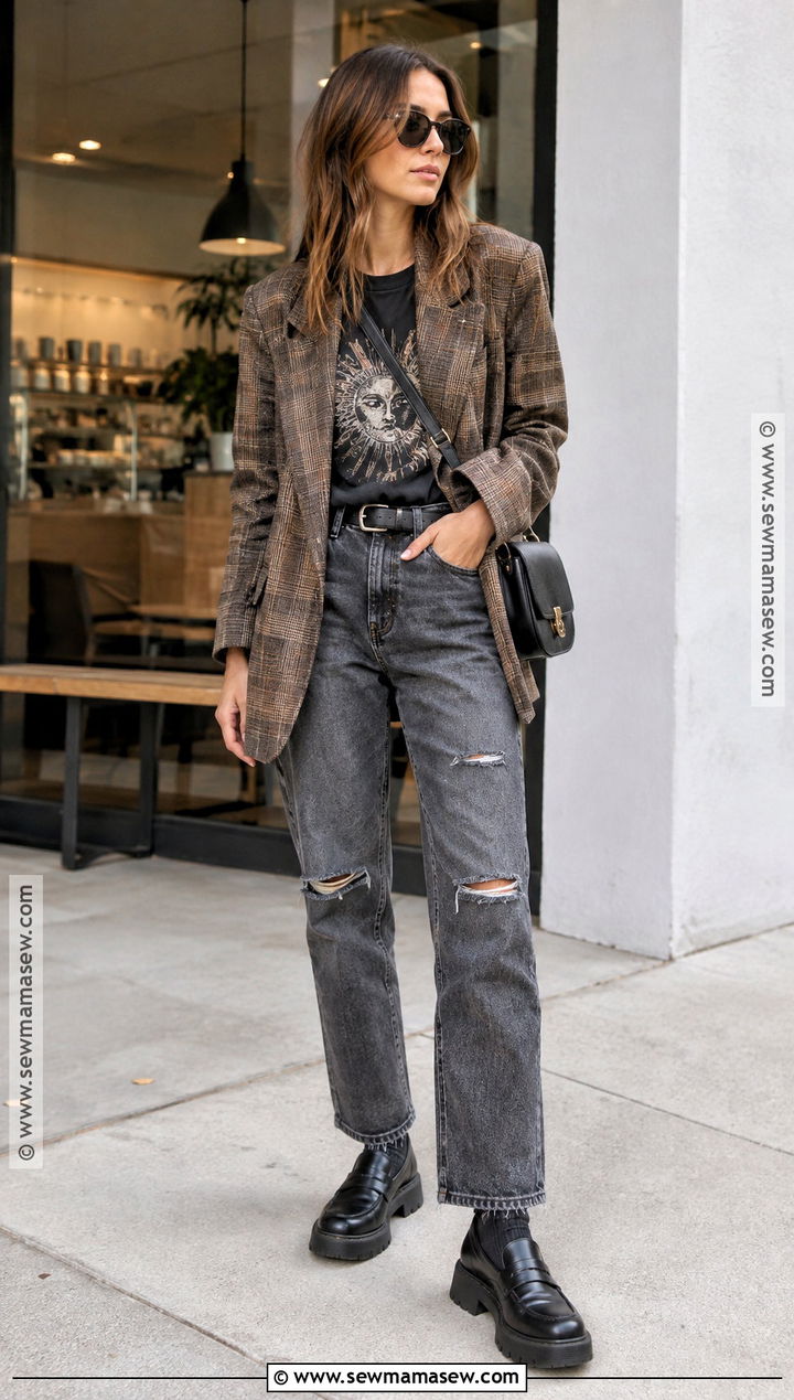 Plaid Blazer and Graphic Tee Grungy Fall Outfit - 25 grungy fall outfits