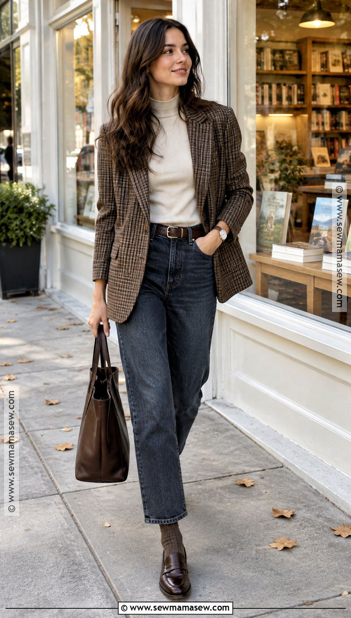 Plaid Blazer and Mock Neck Jeans Fall Outfit - 25 cute warm fall outfits