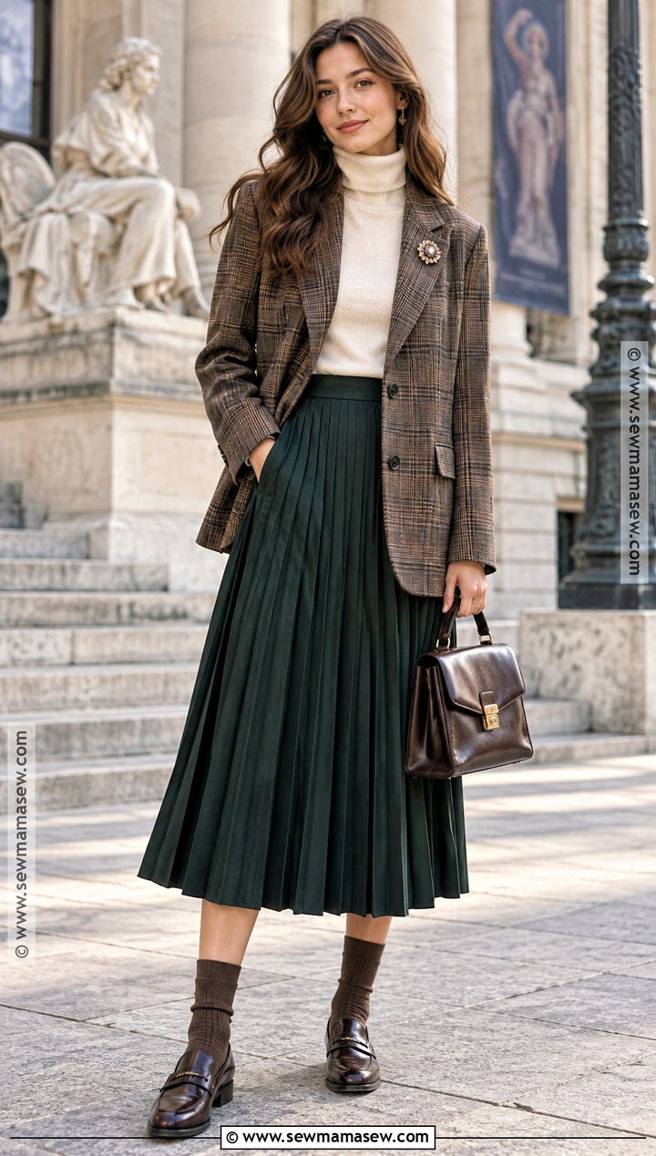 Plaid Blazer and Pleated Midi Skirt Outfit - 15 Fall Fashion 2026 Street Style Ideas