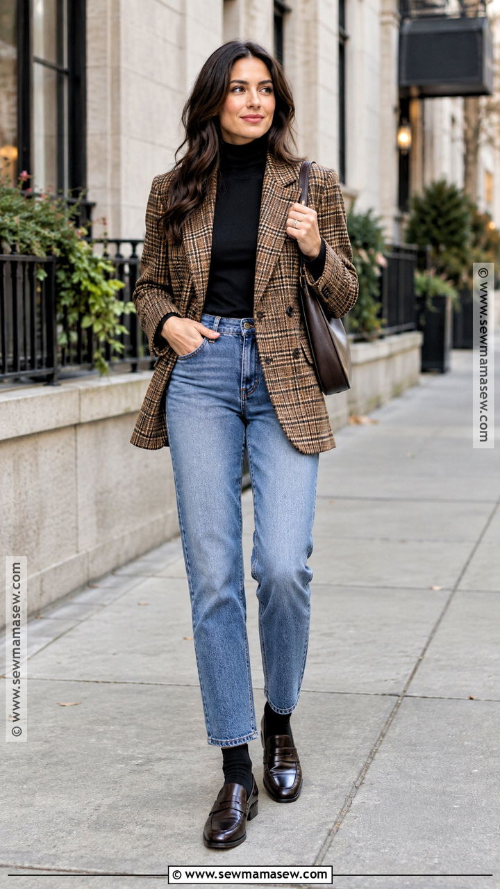 Plaid Blazer and Straight Jeans Chicago Fall Outfit - 20 fall chicago outfits