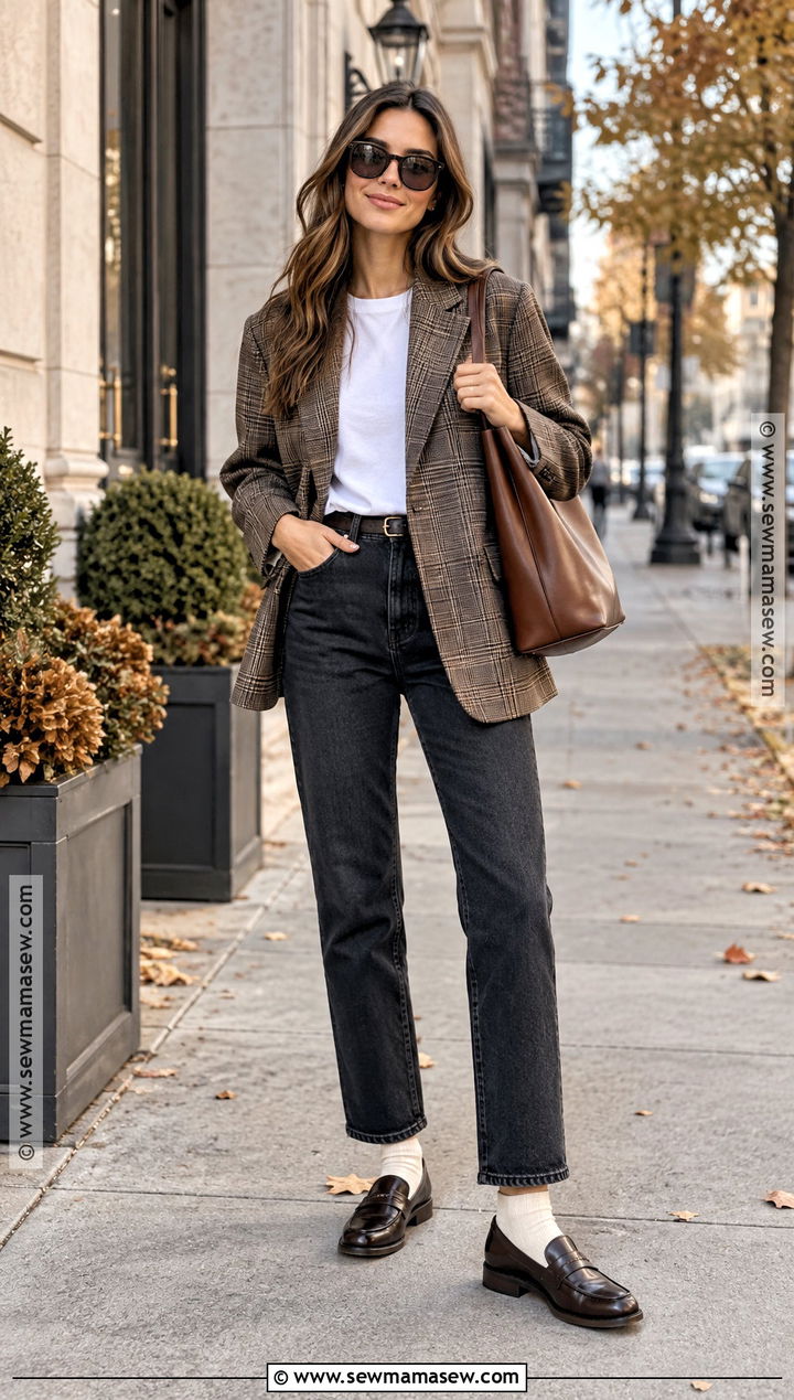 Plaid Blazer and Straight Leg Jeans Fall Outfit - 15 fall fashion inspo ideas 2026