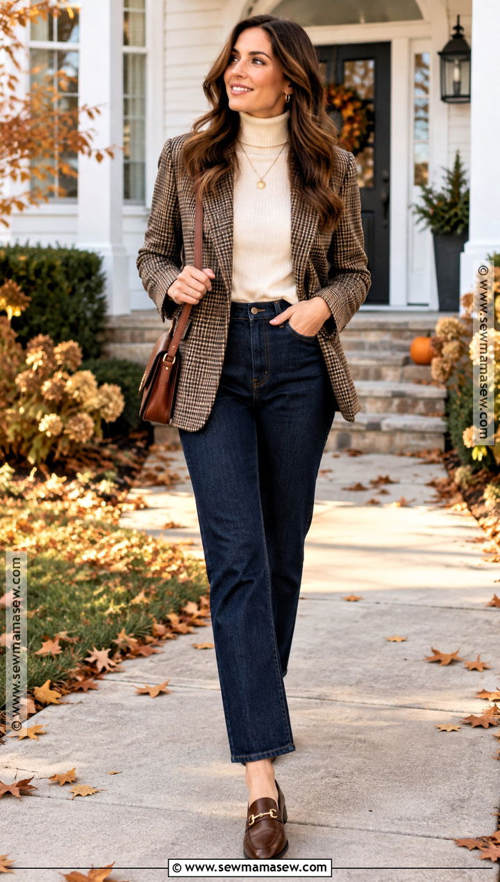 Plaid Blazer and Straight Leg Jeans Thanksgiving Outfit - 25 cute thanksgiving outfits