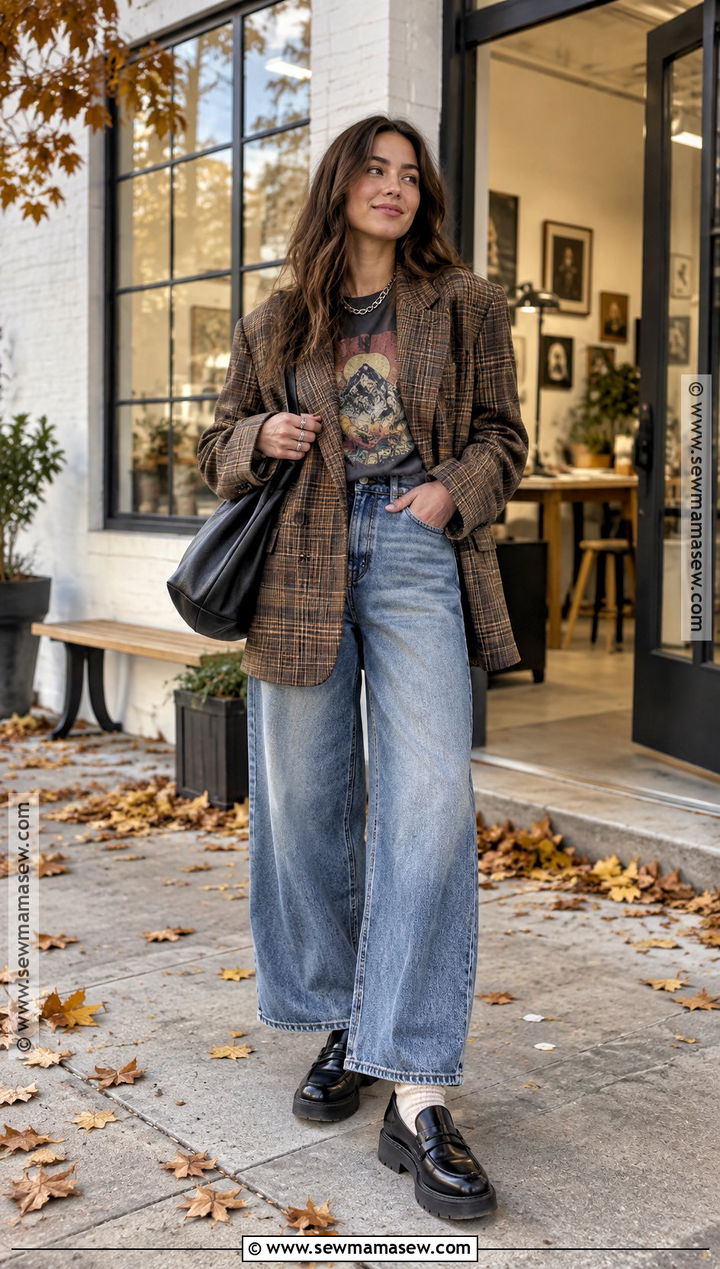 Plaid Blazer and Wide Leg Jeans Fall Grunge Outfit - 15 cute fall grunge outfits