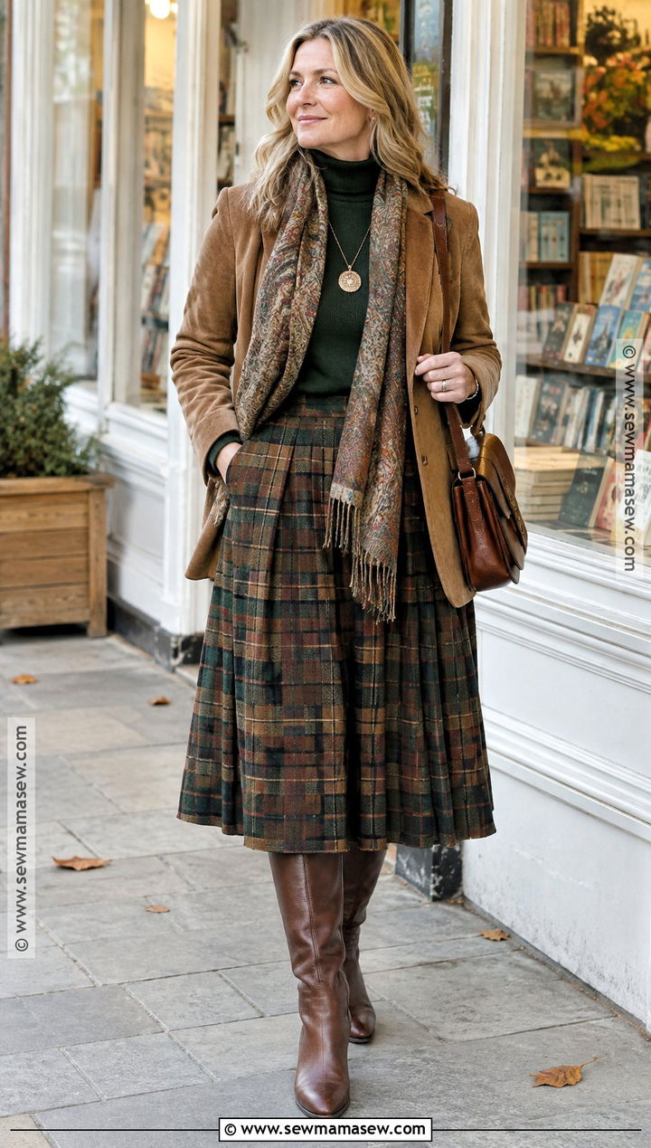 Plaid Boho Midi Skirt With Suede Blazer And Knee High Boots - 15 fall winter boho outfits