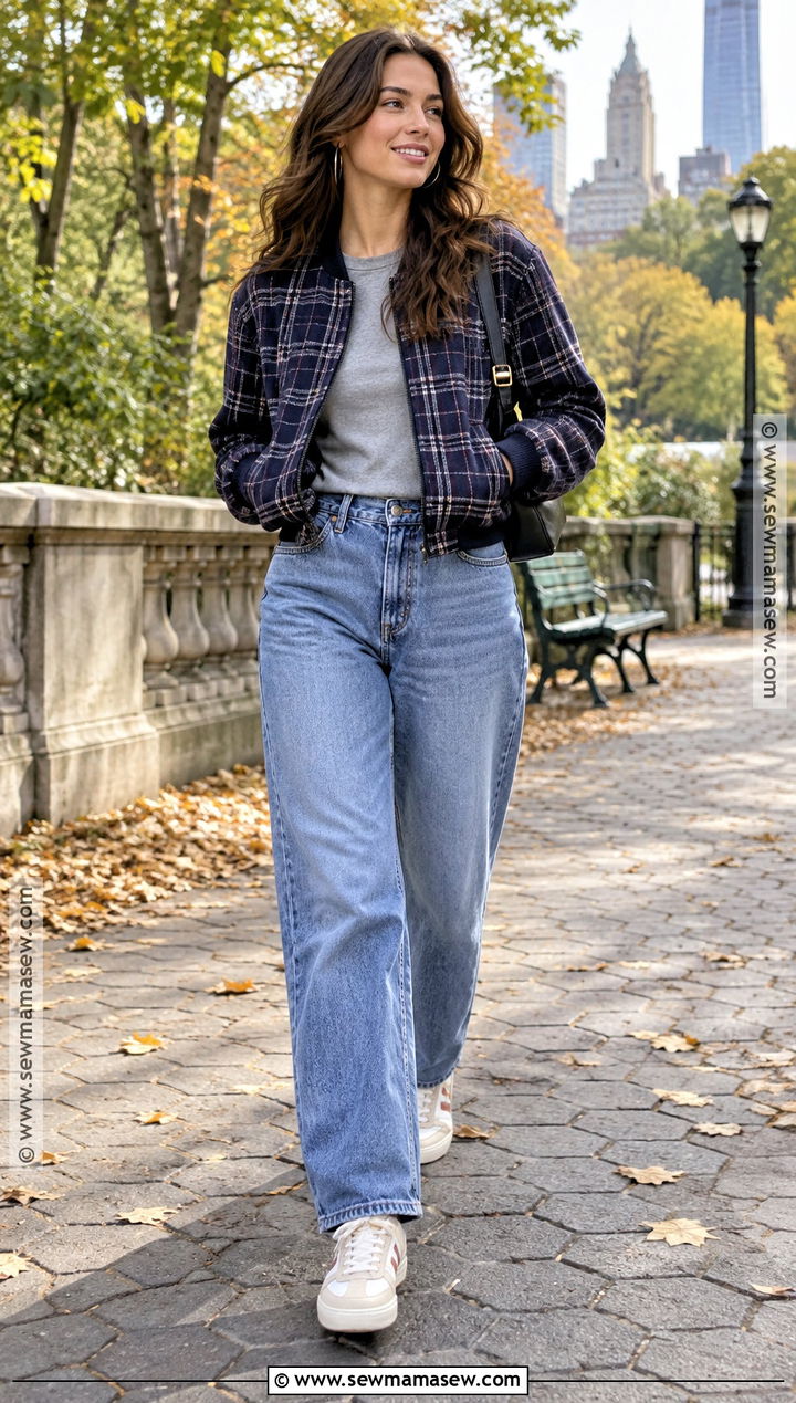 Plaid Bomber Jacket With Jeans And Sneakers - 25 fall plaid ideas