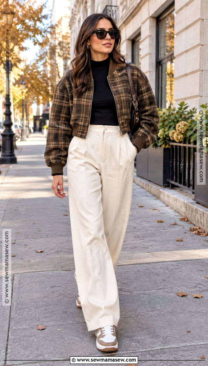 Plaid Bomber With Wide Leg Pants and Sneakers - 15 autumn plaid clothing stack ideas