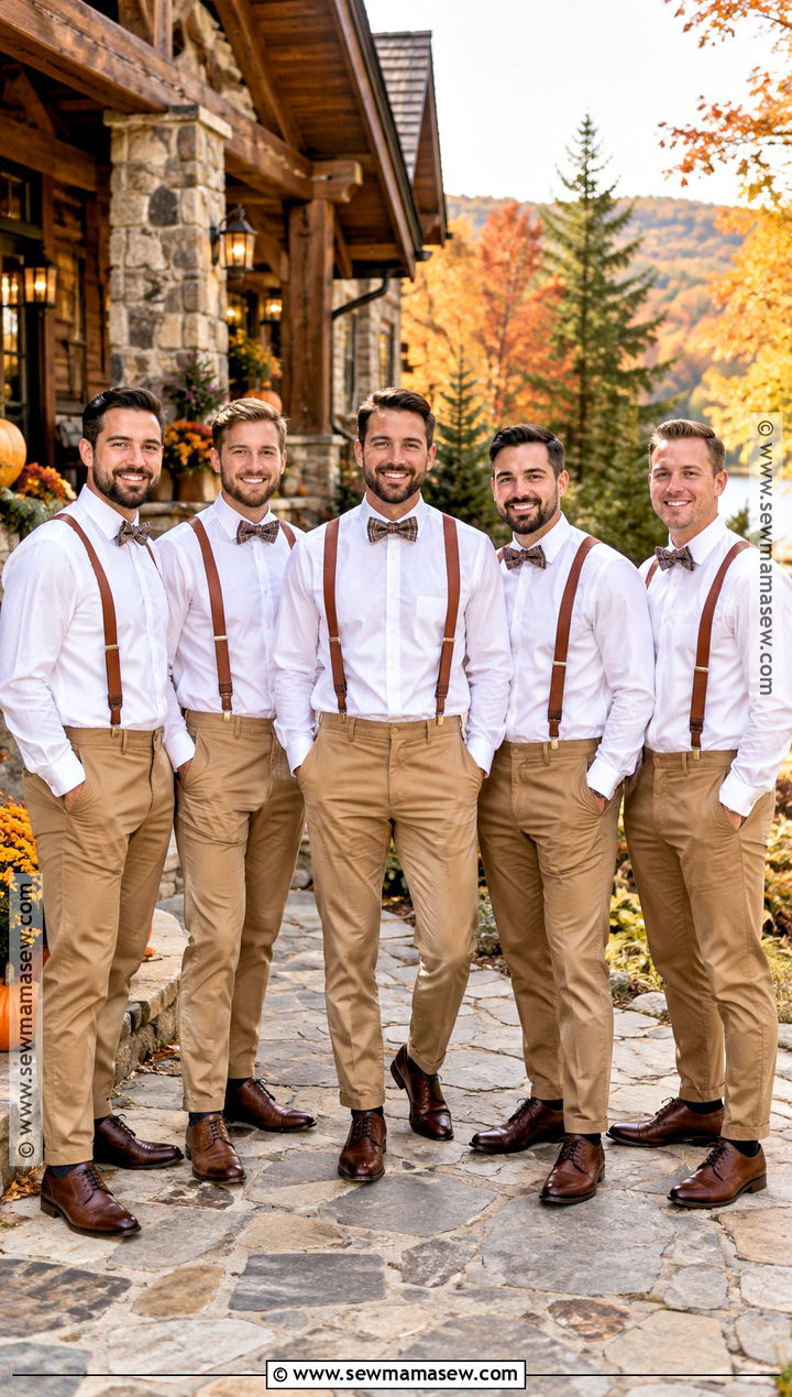 Plaid Bow Tie With Brown Suspenders - 15 fall wedding groomsmen attire suspenders ideas