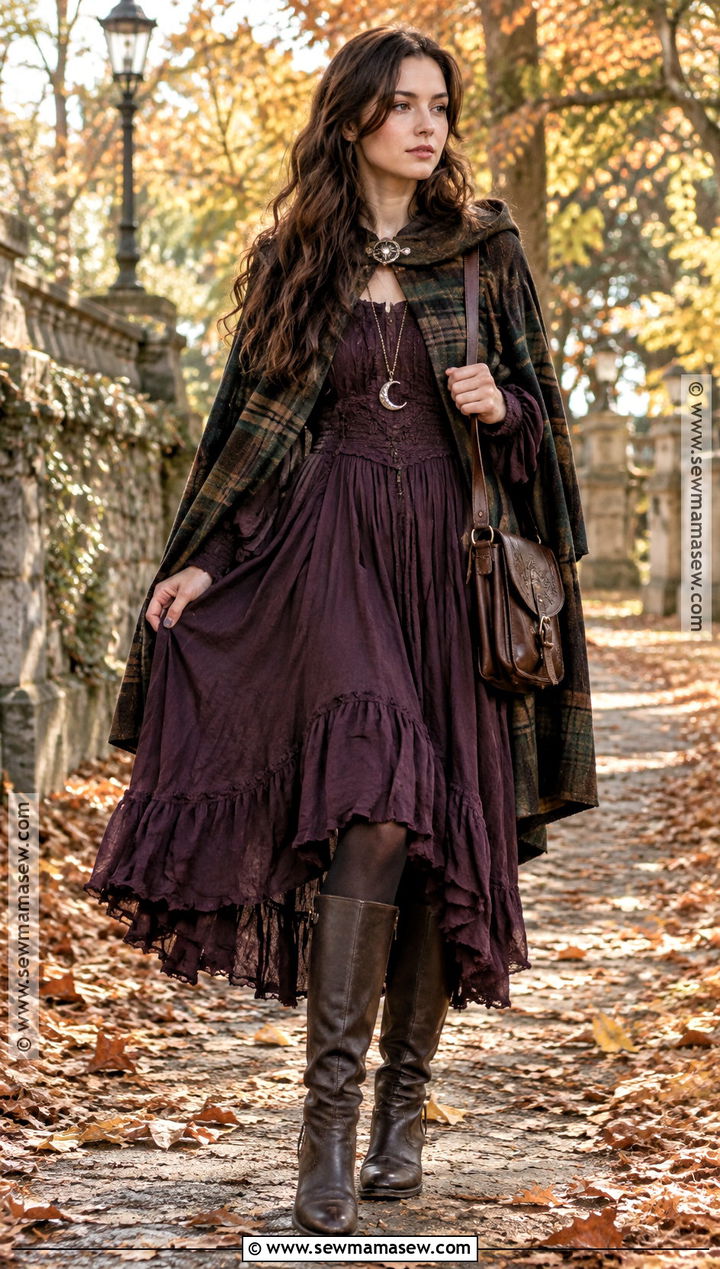 Plaid Cape And Whimsigoth Dress Autumn Outfit - 25 alt autumn outfits