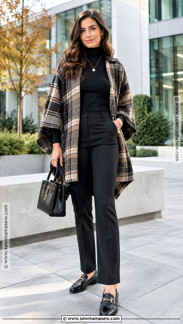 Plaid Cape With Black Turtleneck And Trousers - 15 fall cape ideas