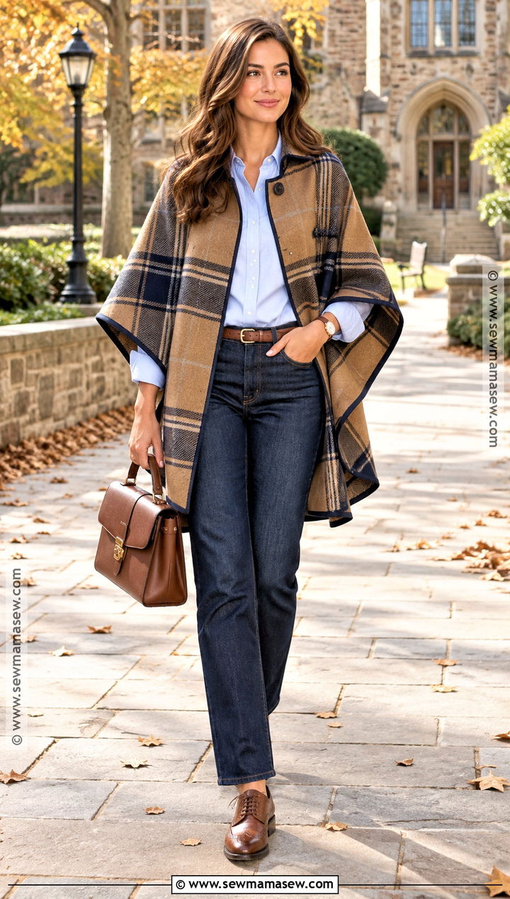 Plaid Cape With Button Down Shirt And Jeans - 20 2026 Fall Fashion Ideas