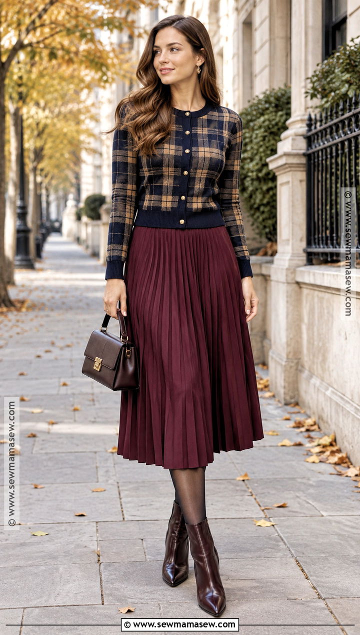 Plaid Cardigan With Pleated Midi Skirt - 15 autumn plaid cardigan ideas