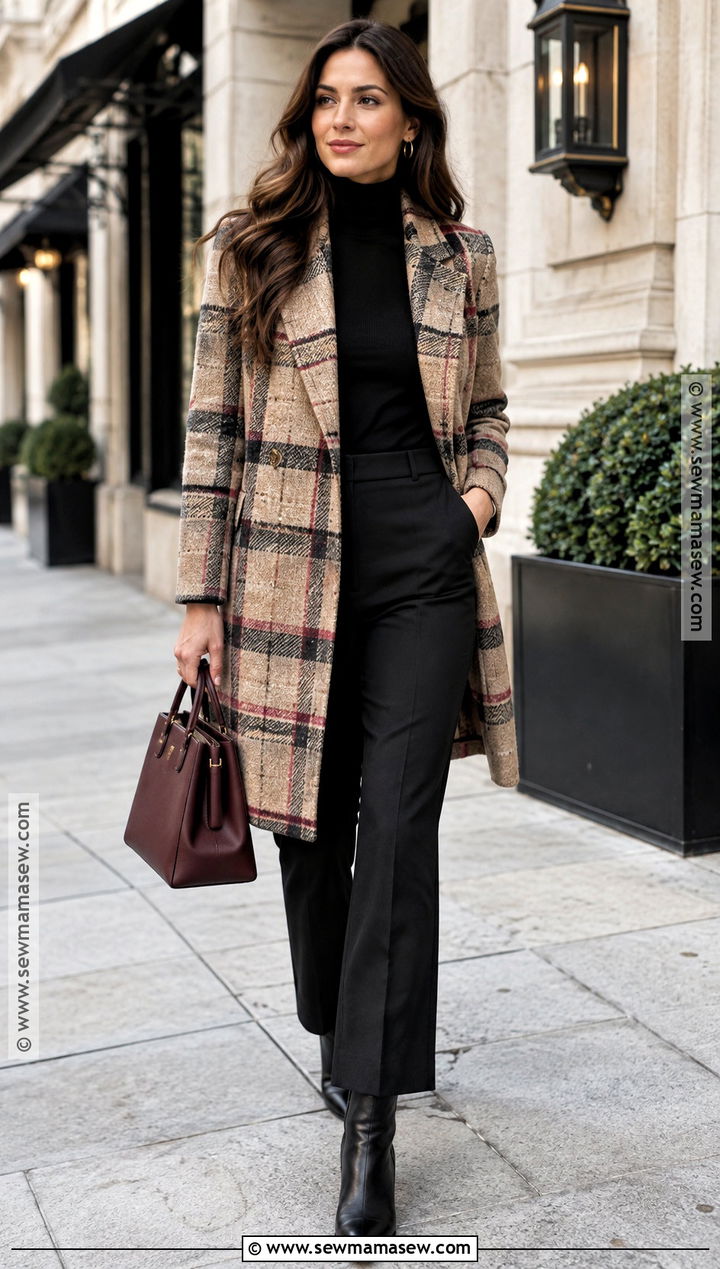 Plaid Coat And All Black Fall Outfit - 25 Warm Fall Outfits Weather