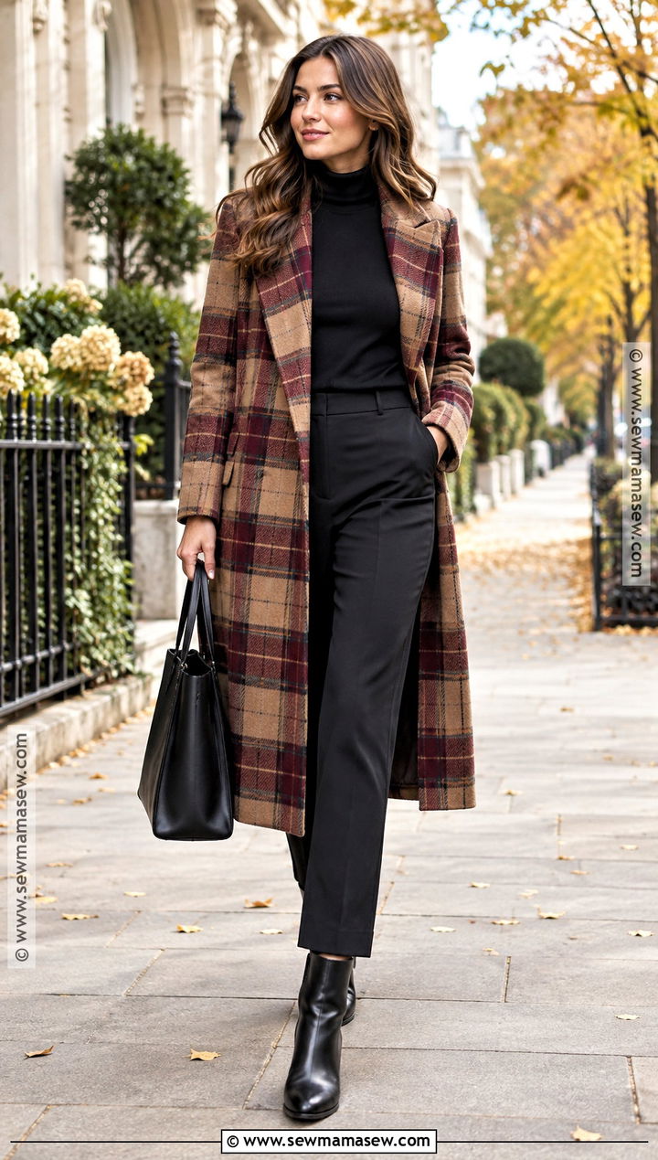 Plaid Coat And All Black Fall Outfit - 20 Outfit Inspo For Fall Ideas